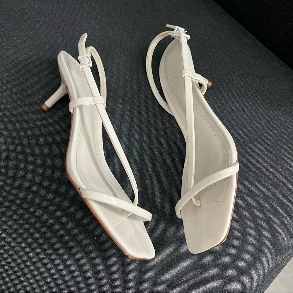 SCHUTZ Heloise Kitten Heels Neutral Strappy Sandals in Pearl